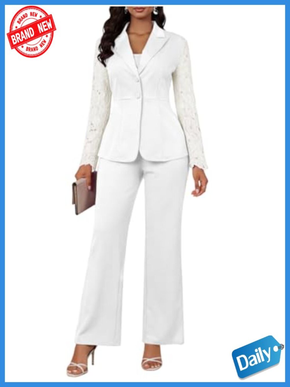 Women's Two Piece Lace Patchwork Long Sleeve Blazer Pantsuit Set Business